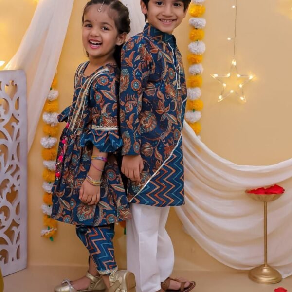 Wedding Sibling Outfit Set – Coordinated Cotton Anarkali & Kurta Pajama with Jacket